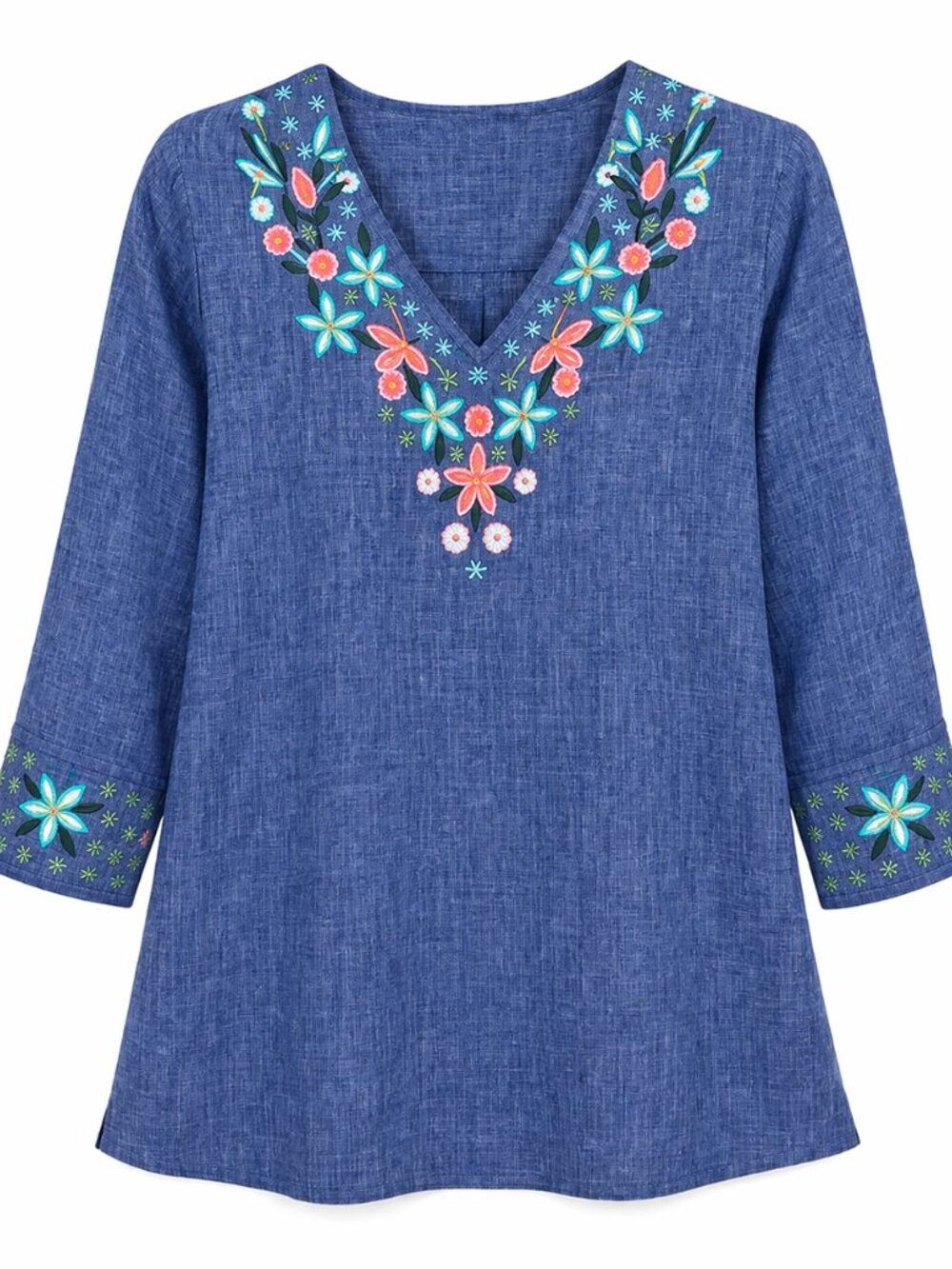 Parsley & Sage Embroidered Floral Tunic Top Blue V-Neck 3/4 Sleeve Women’s